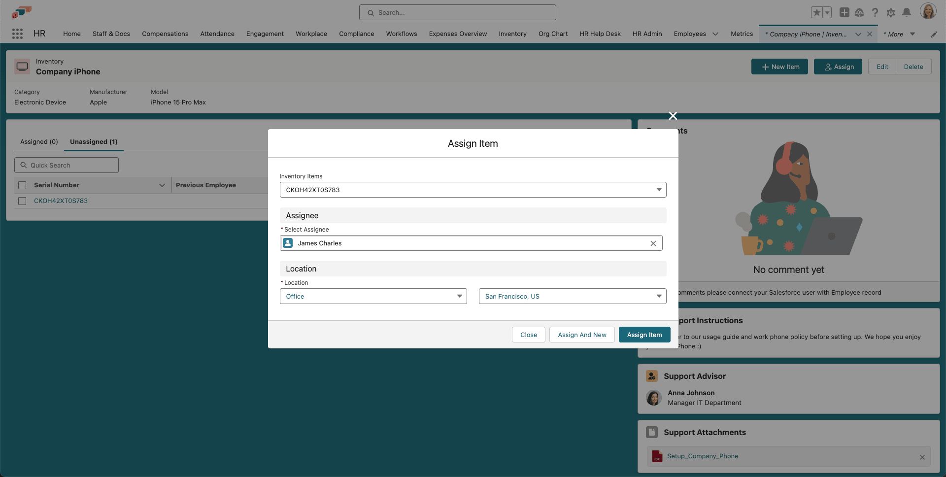 The item, assignee, and location fields used to assign an Inventory Item