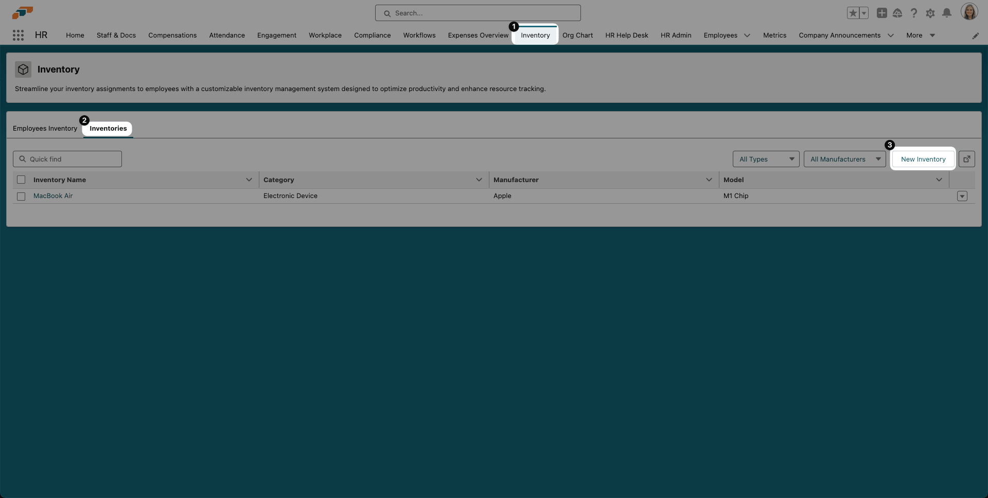 The New Inventory action on the Inventories tab