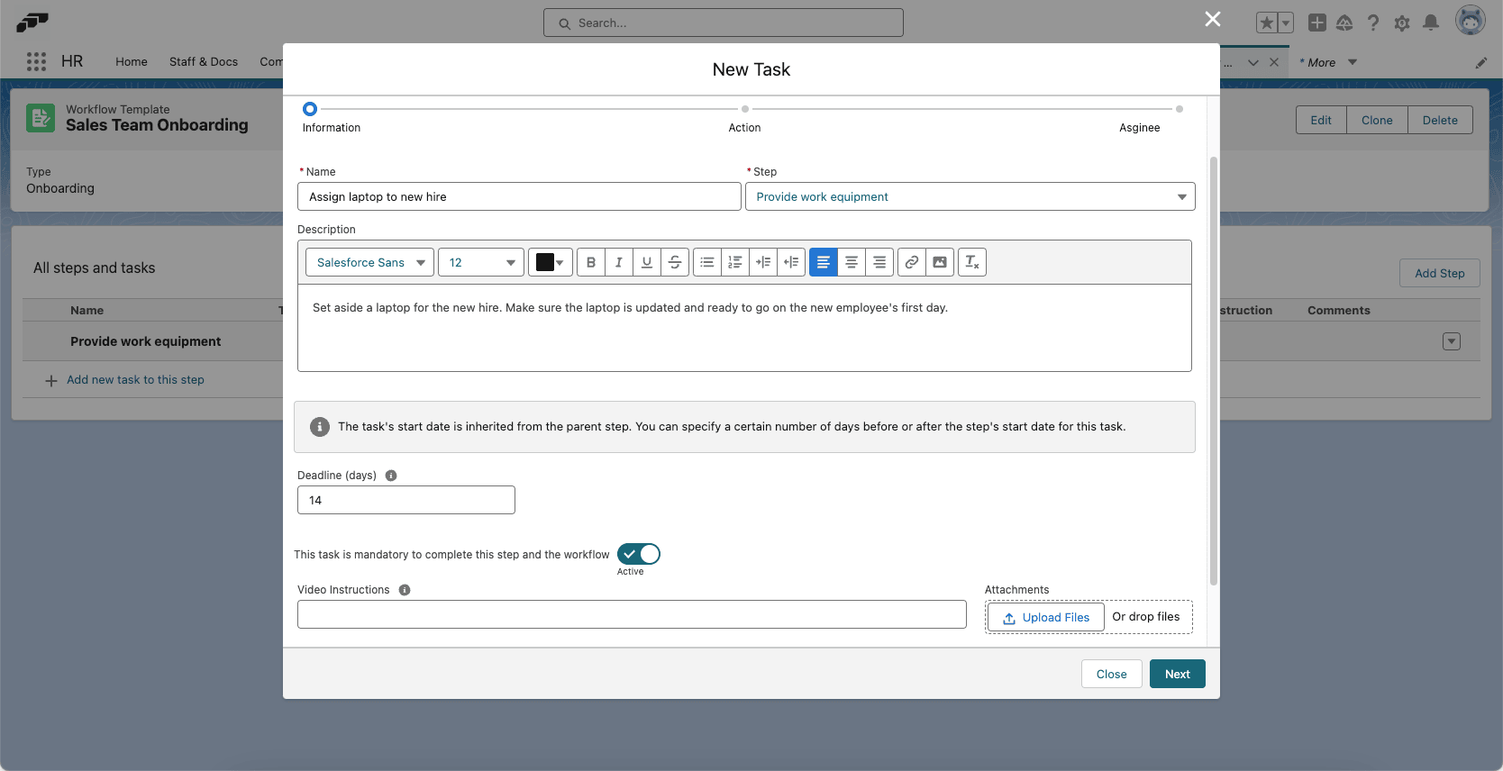 Task details in a Workflow Template