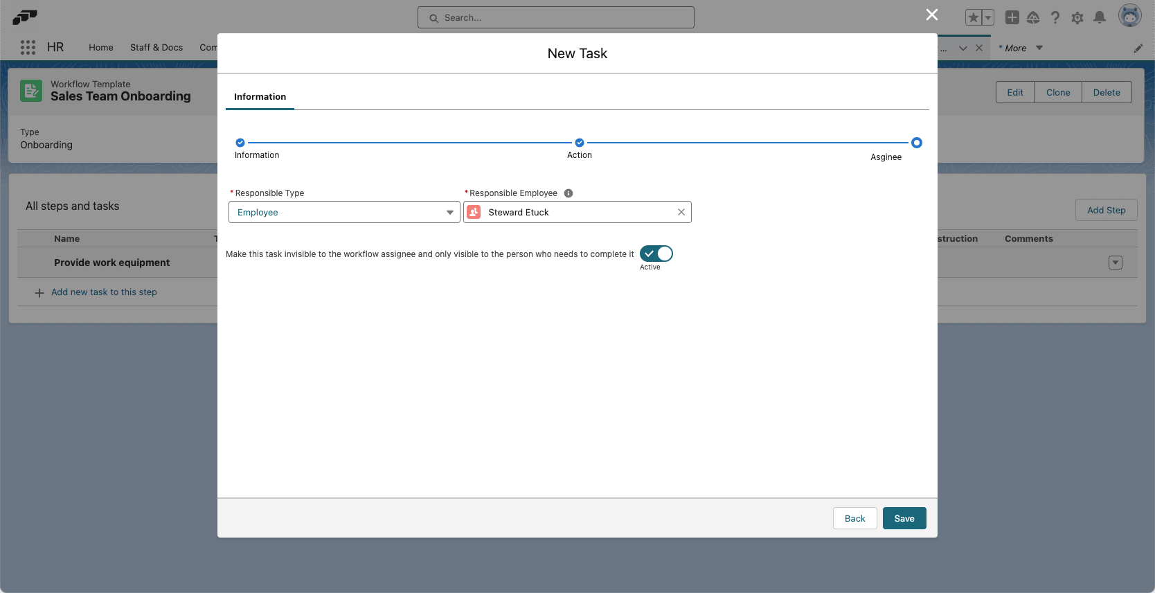 Responsible person selected for a workflow task