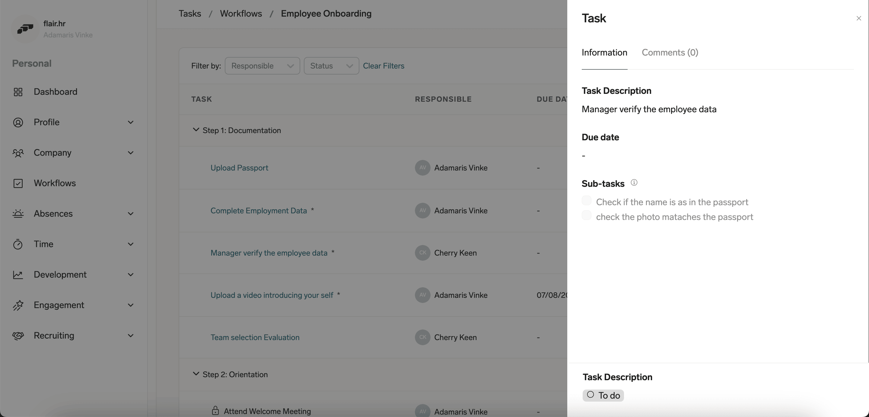 Workflow task details in the Employee Hub