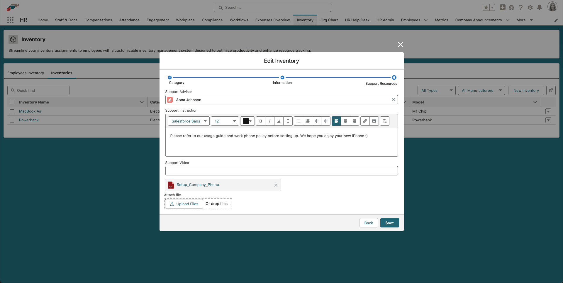 Support details and resources for a new inventory asset