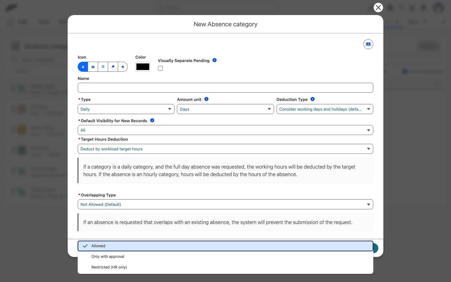 The Absence Deletion dropdown on an absence category, open on Allowed, Only with approval, and Restricted (HR only)