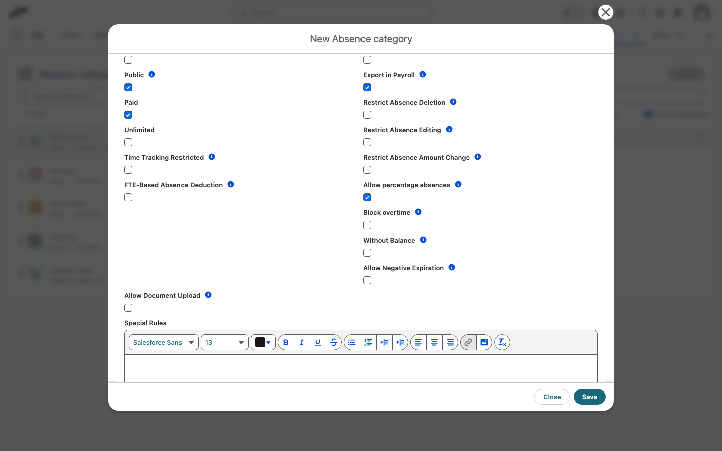 The New Absence category form with Allow percentage absences selected and the Block overtime checkbox shown below it