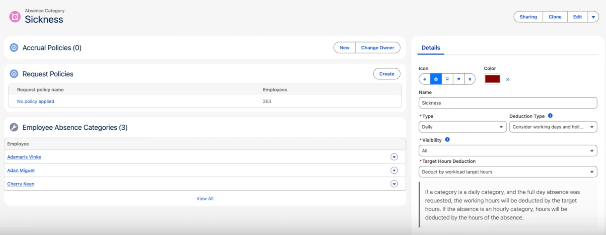 Absence Category record in Salesforce showing the Color field with a color picker