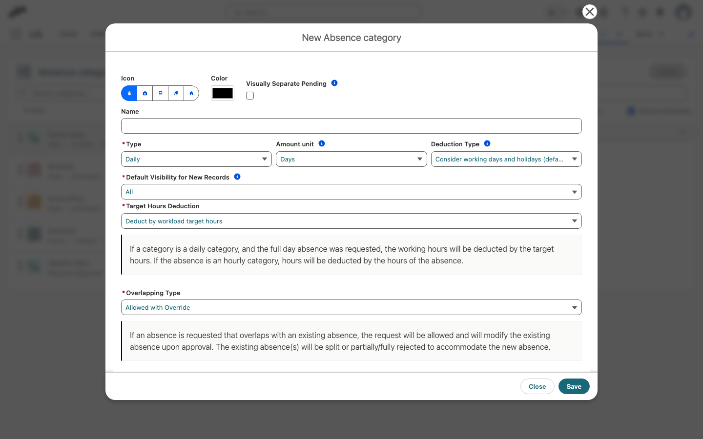 The Overlapping Type field set to Allowed with Override on an absence category, with its explanation