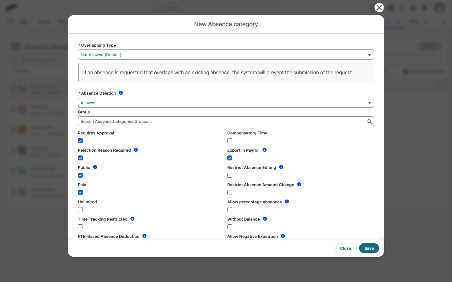The Rejection Reason Required checkbox selected under Requires Approval on an absence category