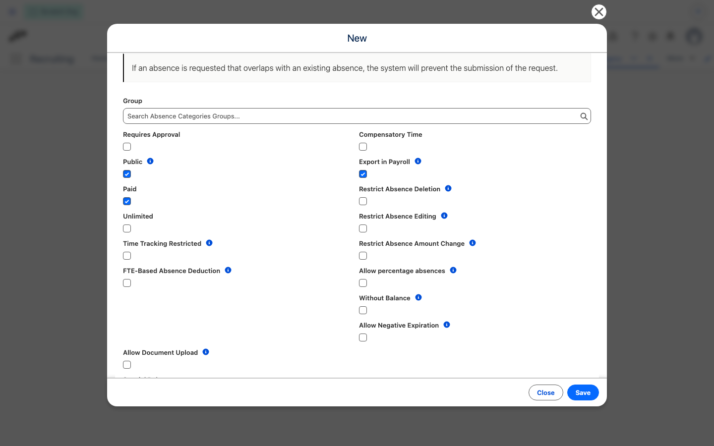The Restrict Absence Editing and Restrict Absence Amount Change checkboxes on a new Absence Category