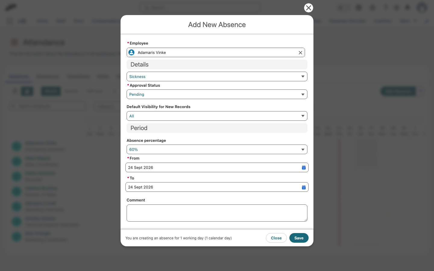 The Add New Absence form with a daily category selected and Absence percentage set to 60% above the From and To dates
