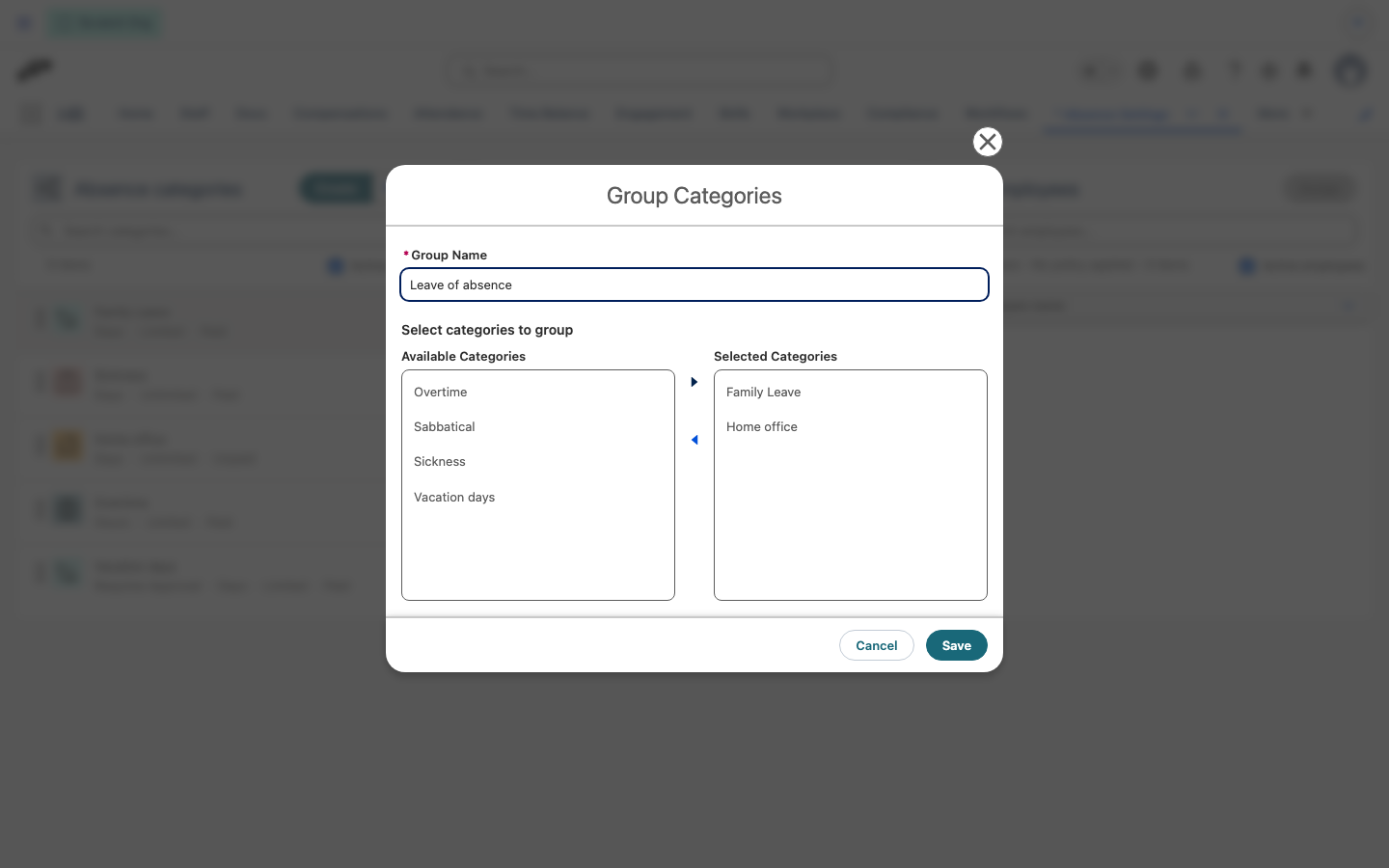 The Group Categories modal with a group name and two categories moved to Selected Categories