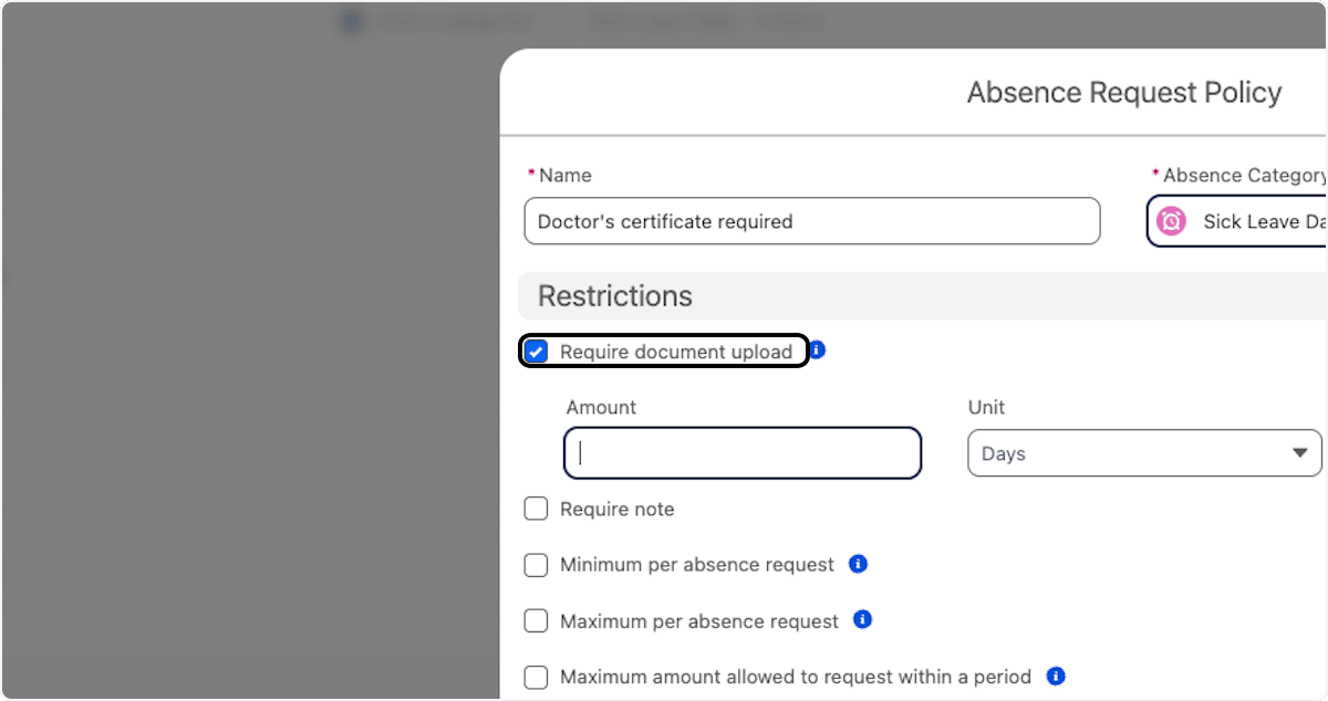The Require document upload setting on an Absence Request Policy