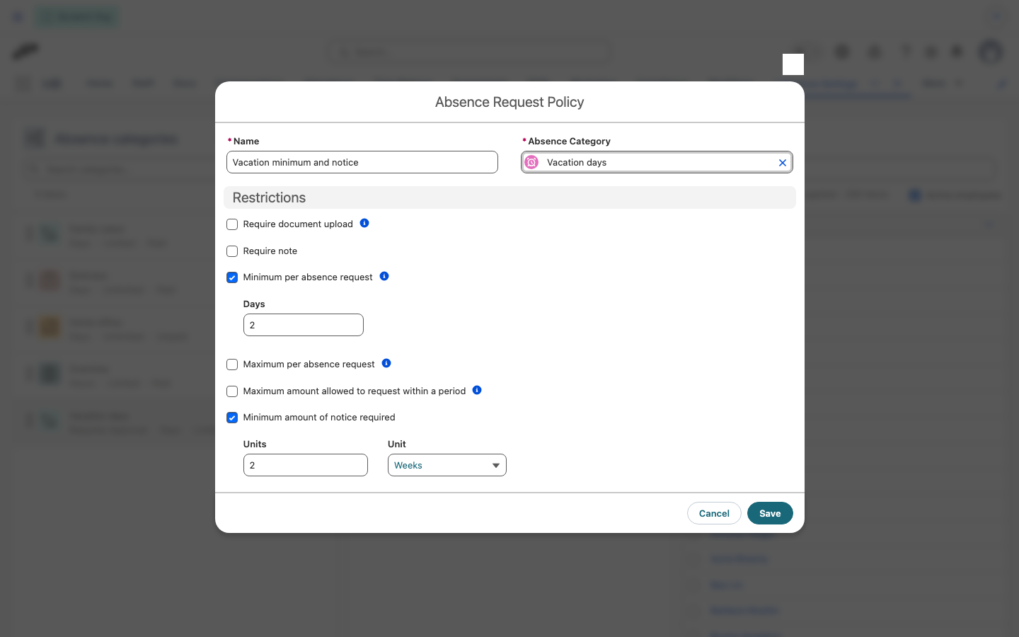 The Absence Request Policy form with Minimum per absence request set to 2 days and a minimum notice of 2 weeks