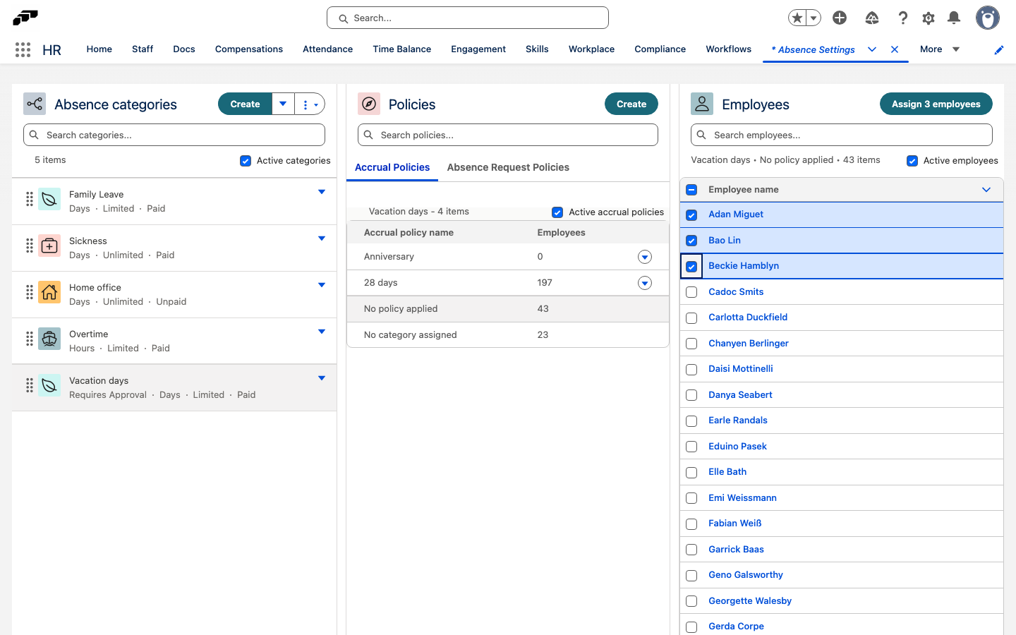 Absence Settings with Vacation days selected, No policy applied and No category assigned in the Accrual Policies list, three employees selected, and the Assign 3 employees button