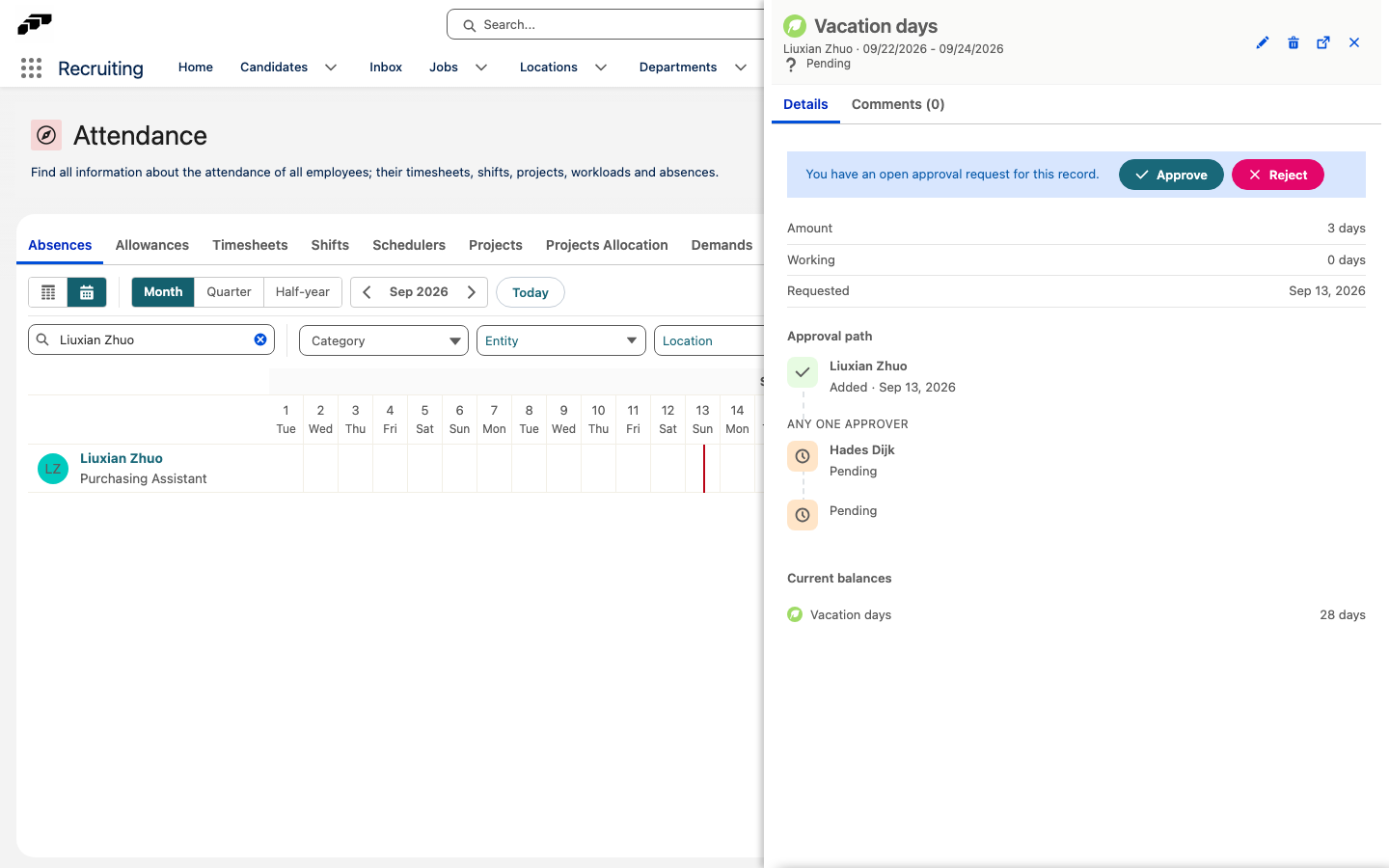 The absence details panel with the open approval request message and the Approve and Reject buttons