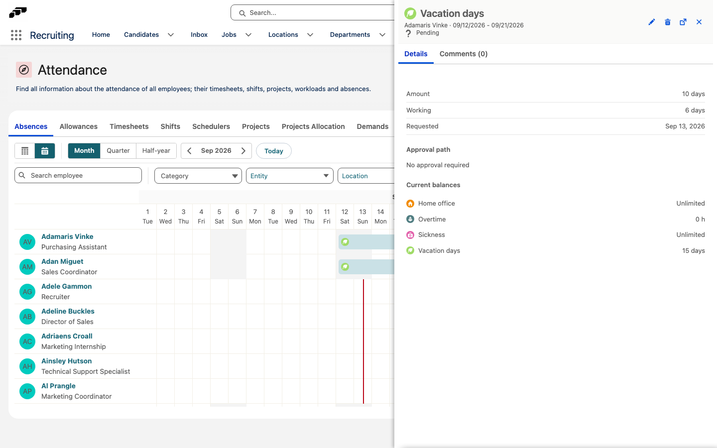 The absence details panel with the absence amounts, its approval path, and the employee's current balances