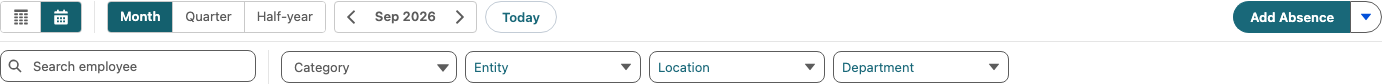The Absences toolbar with time range and period controls on top and the employee search and filters below