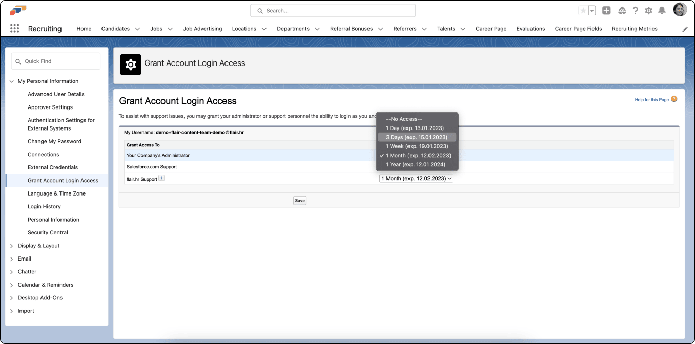 Access Duration options for flair Customer Support