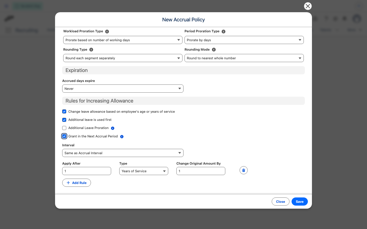 The Grant in the Next Accrual Period toggle under Rules for Increasing Allowance on a Yearly-interval accrual policy