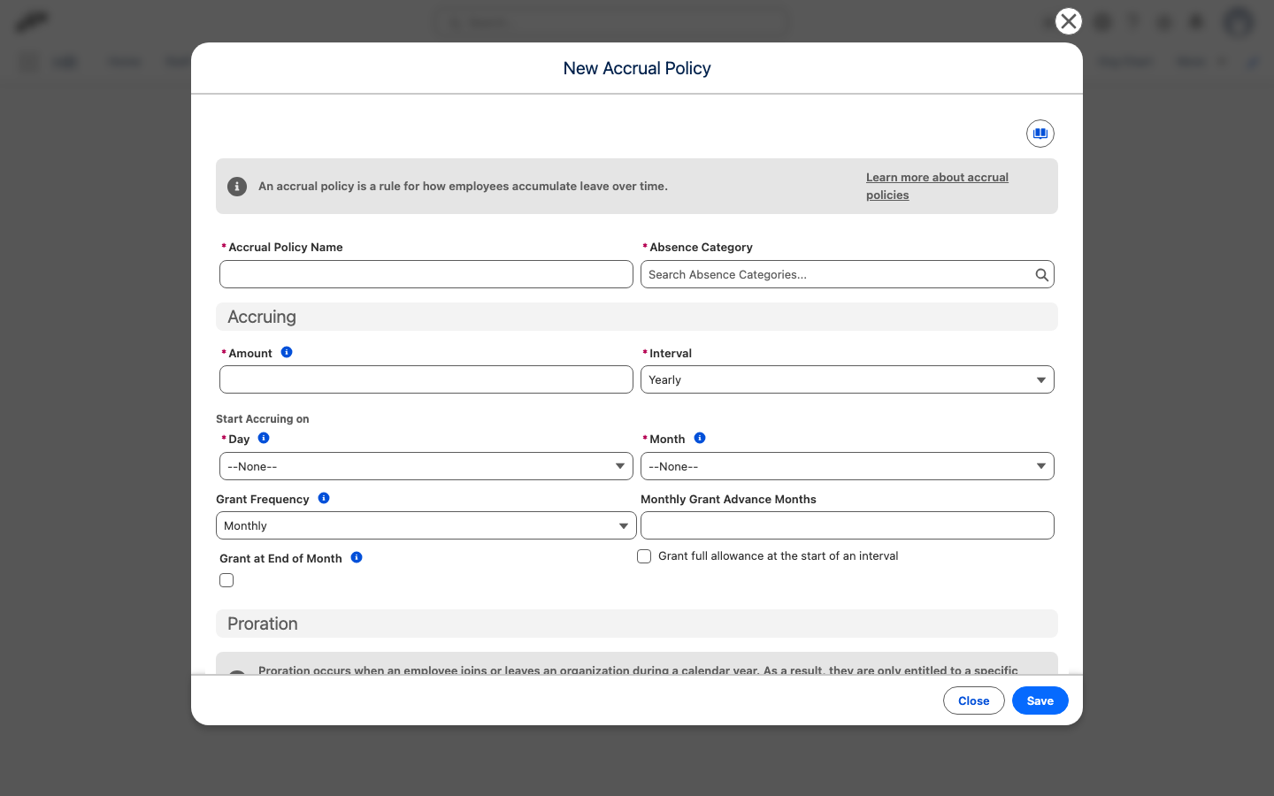 An accrual policy with Grant Frequency Monthly and the Grant at End of Month checkbox