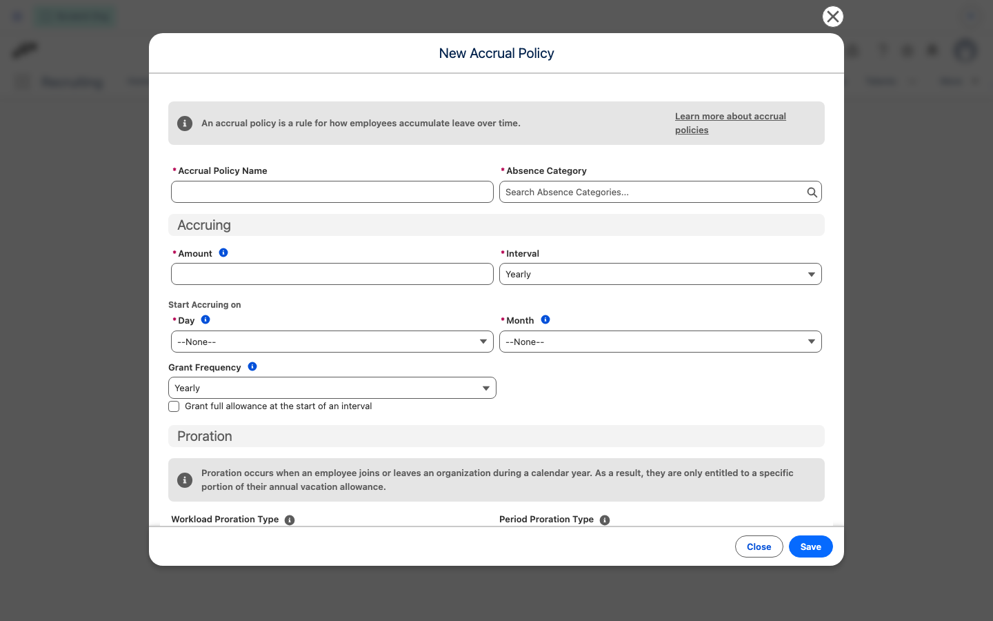 Grant Frequency picklist on a Yearly-interval accrual policy form