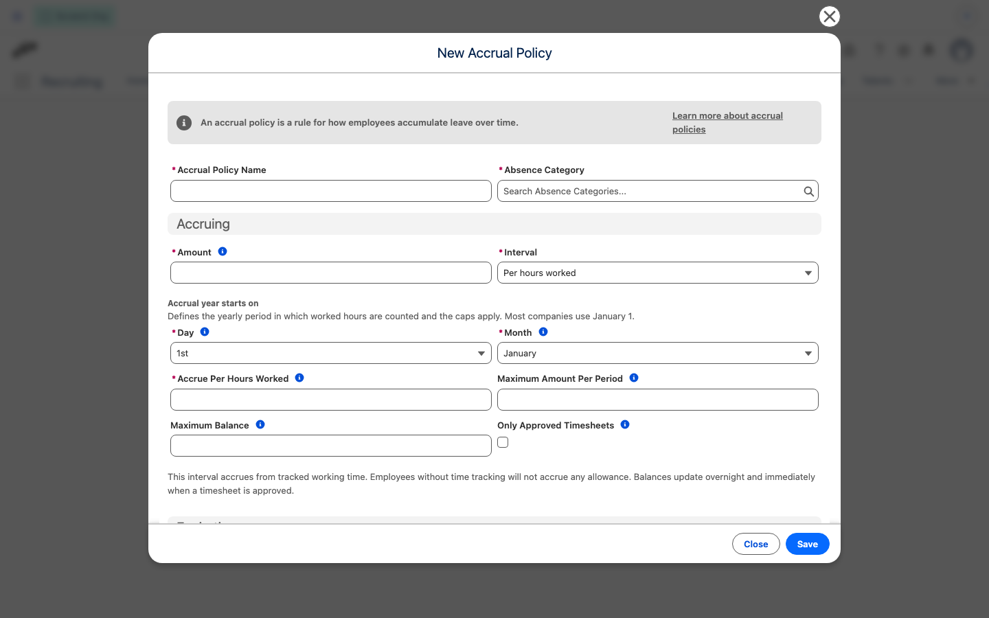 A new accrual policy set to the Per hours worked interval, showing the accrual year fields, the rate, both caps, and the Only Approved Timesheets checkbox
