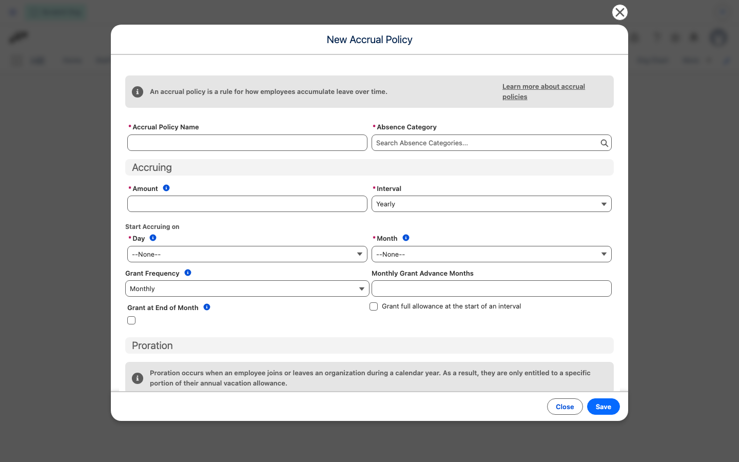 An accrual policy with Grant Frequency Monthly and the Monthly Grant Advance Months field