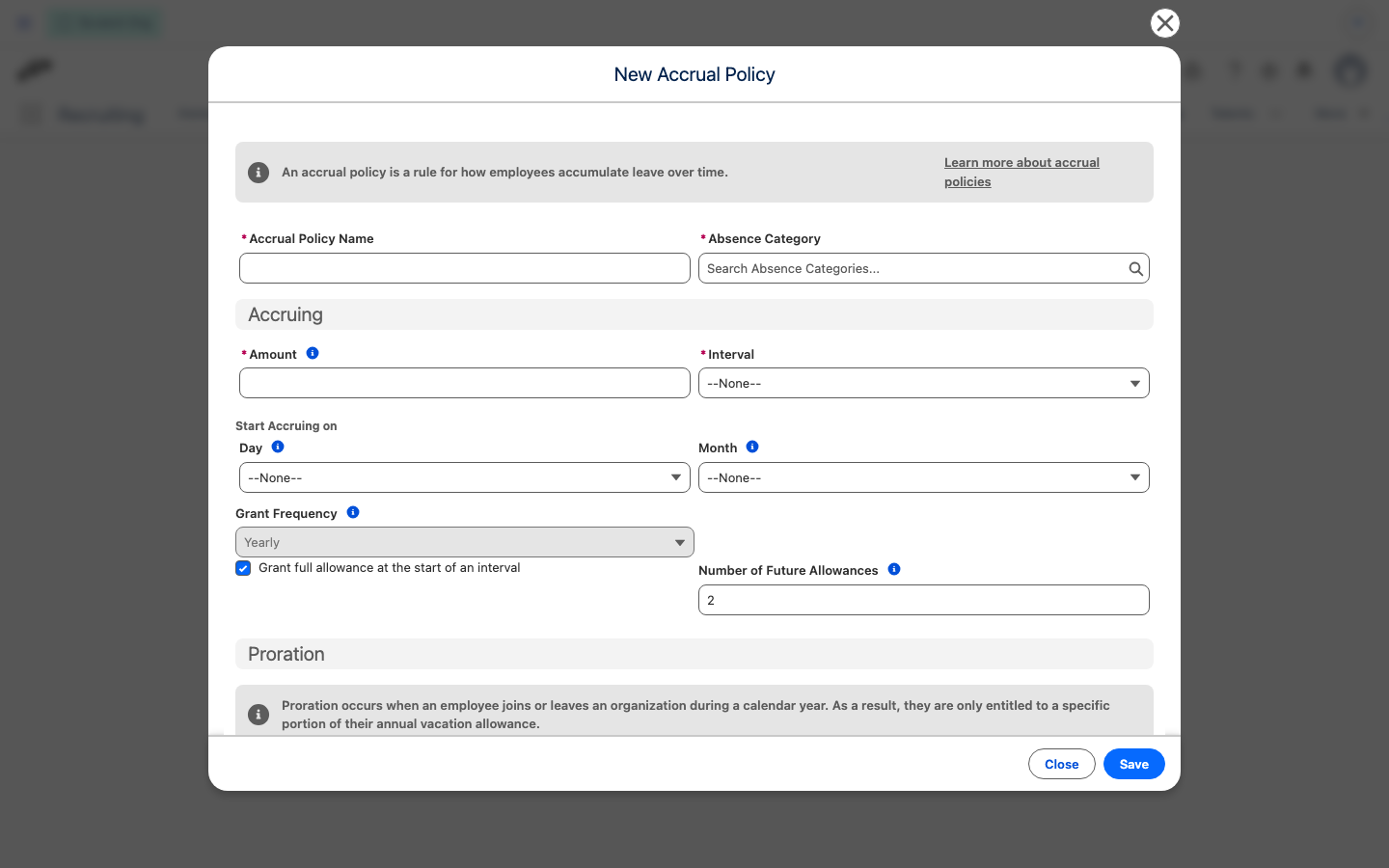 Grant full allowance at the start of an interval selected on an accrual policy, with Number of Future Allowances set to 2