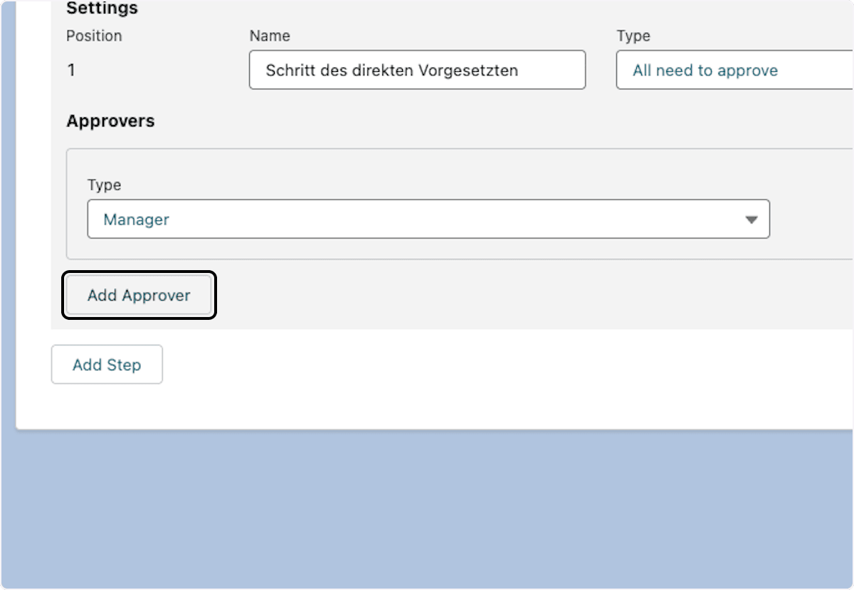 The Add Approver action on an approval step