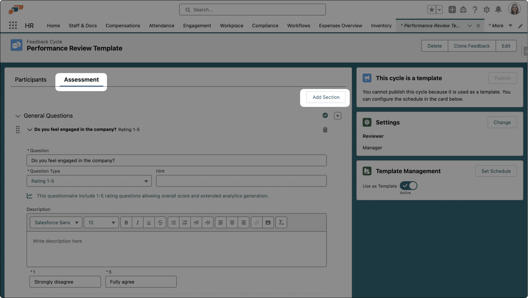 Add Section action on a Performance Review
