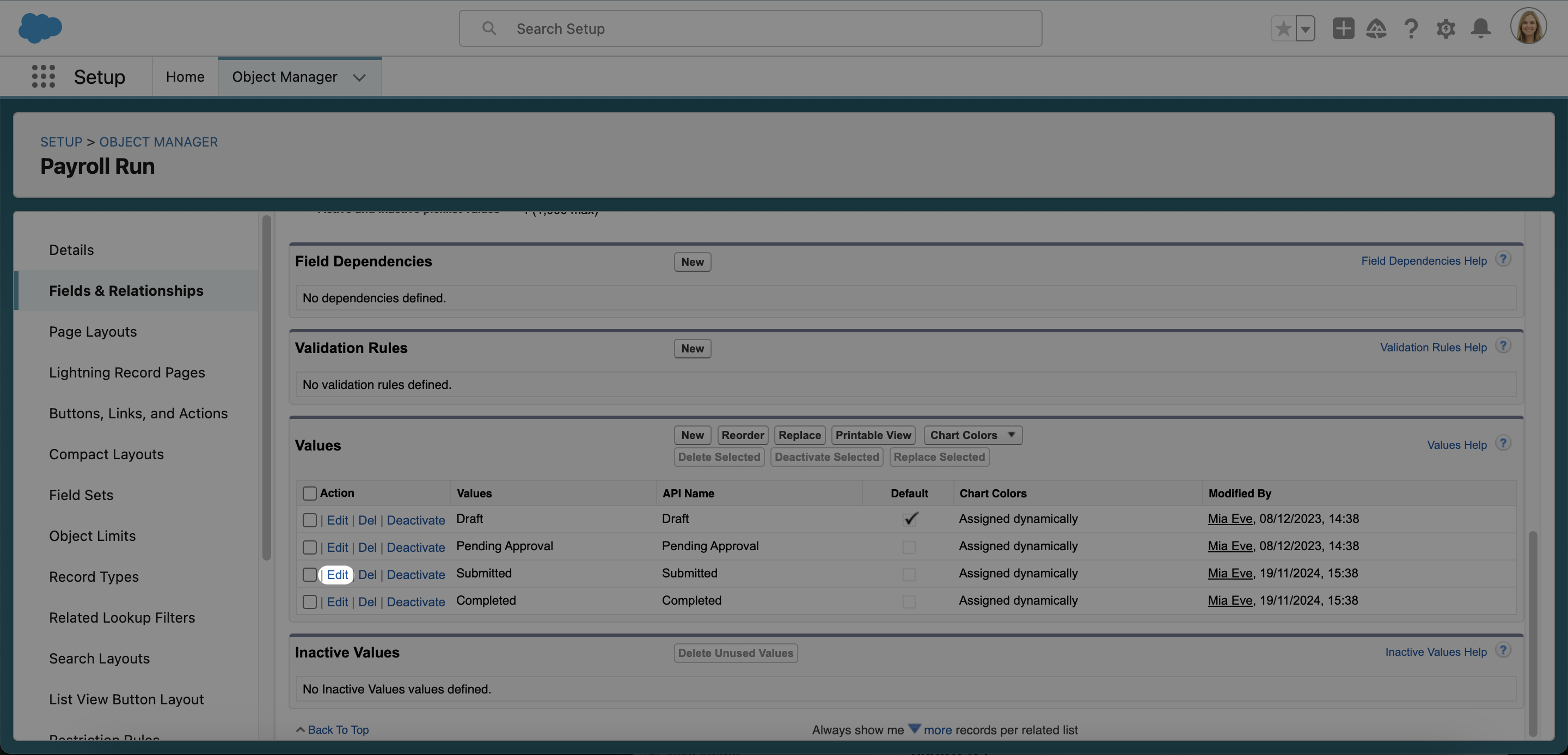 Edit a value in the State picklist values to lock a stage of the payroll run