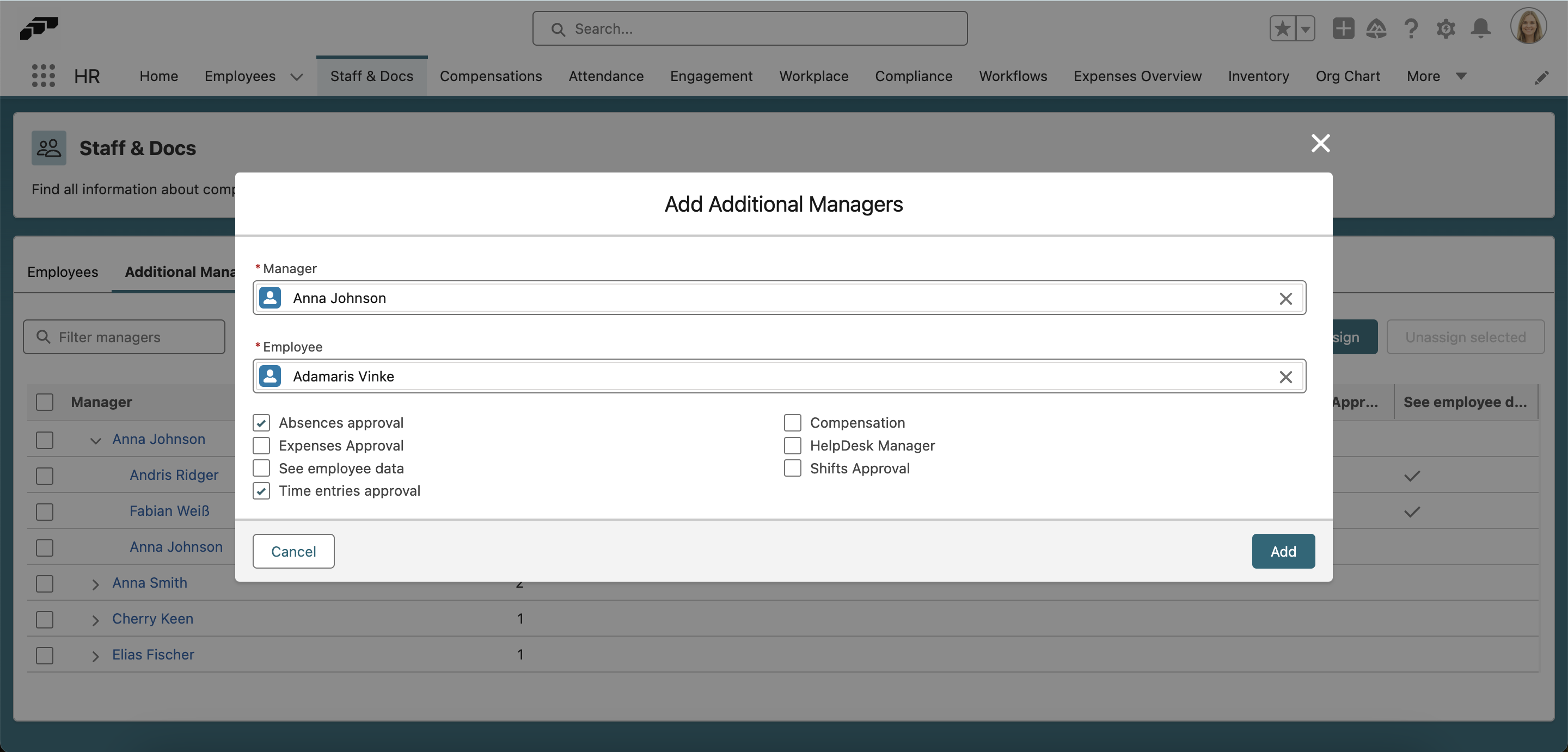 View and assign additional managers with timesheet approval responsibility