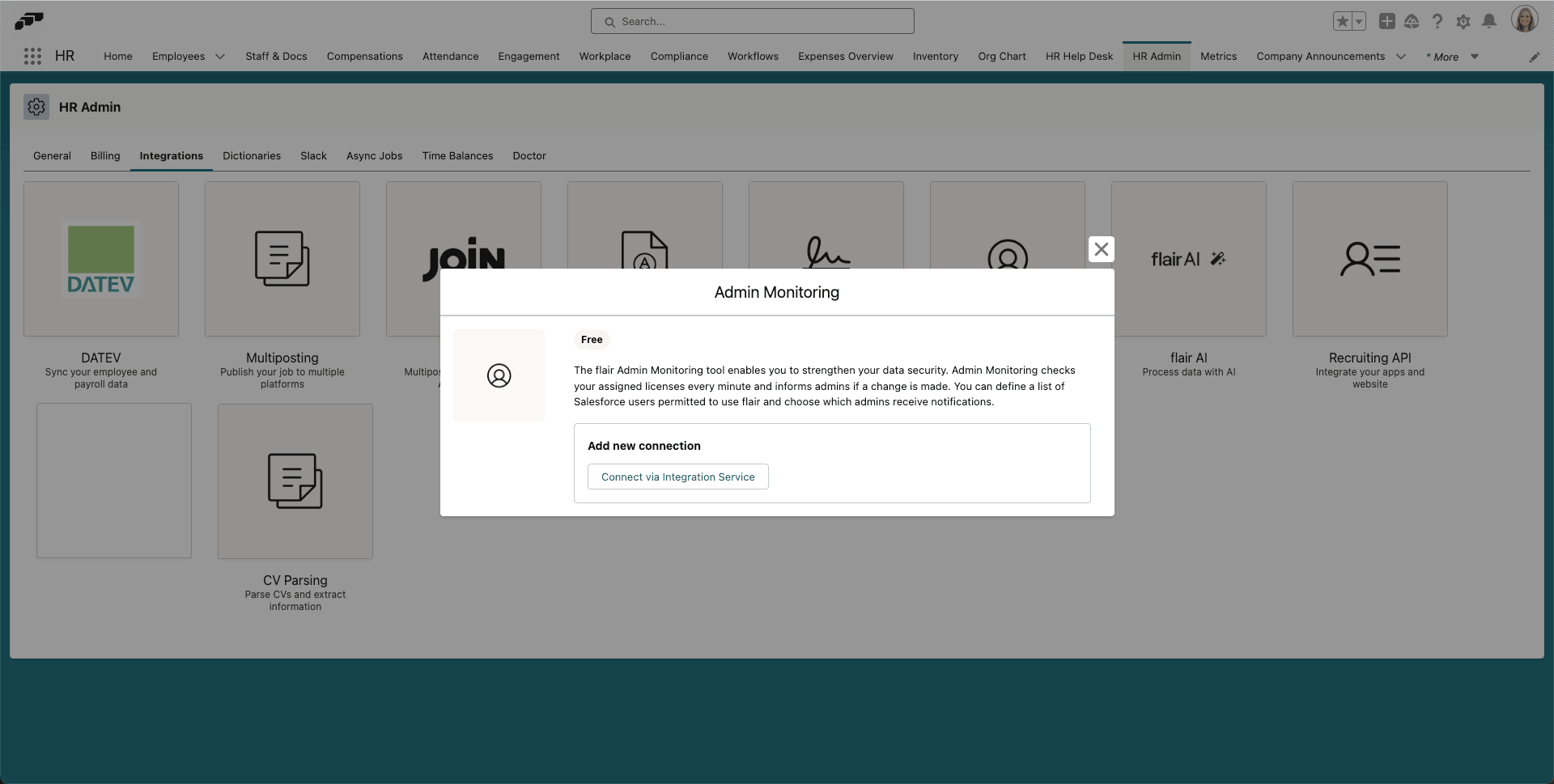 Connect Via Integration Service action for Admin Monitoring