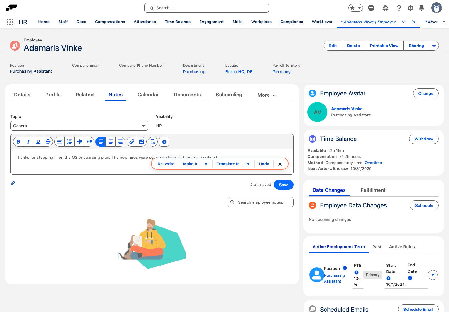 A note editor with the flair AI action bar open, showing Re-write, Make It..., Translate In..., and Undo