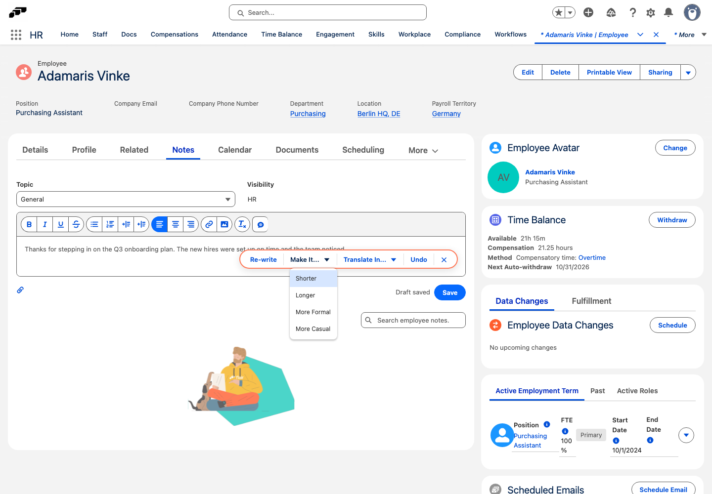 The Make It... menu of the AI text assistant listing Shorter, Longer, More Formal, and More Casual