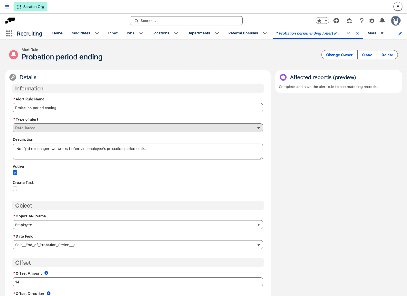 A date-based alert rule showing the Information, Object and Offset sections alongside the Affected records preview panel