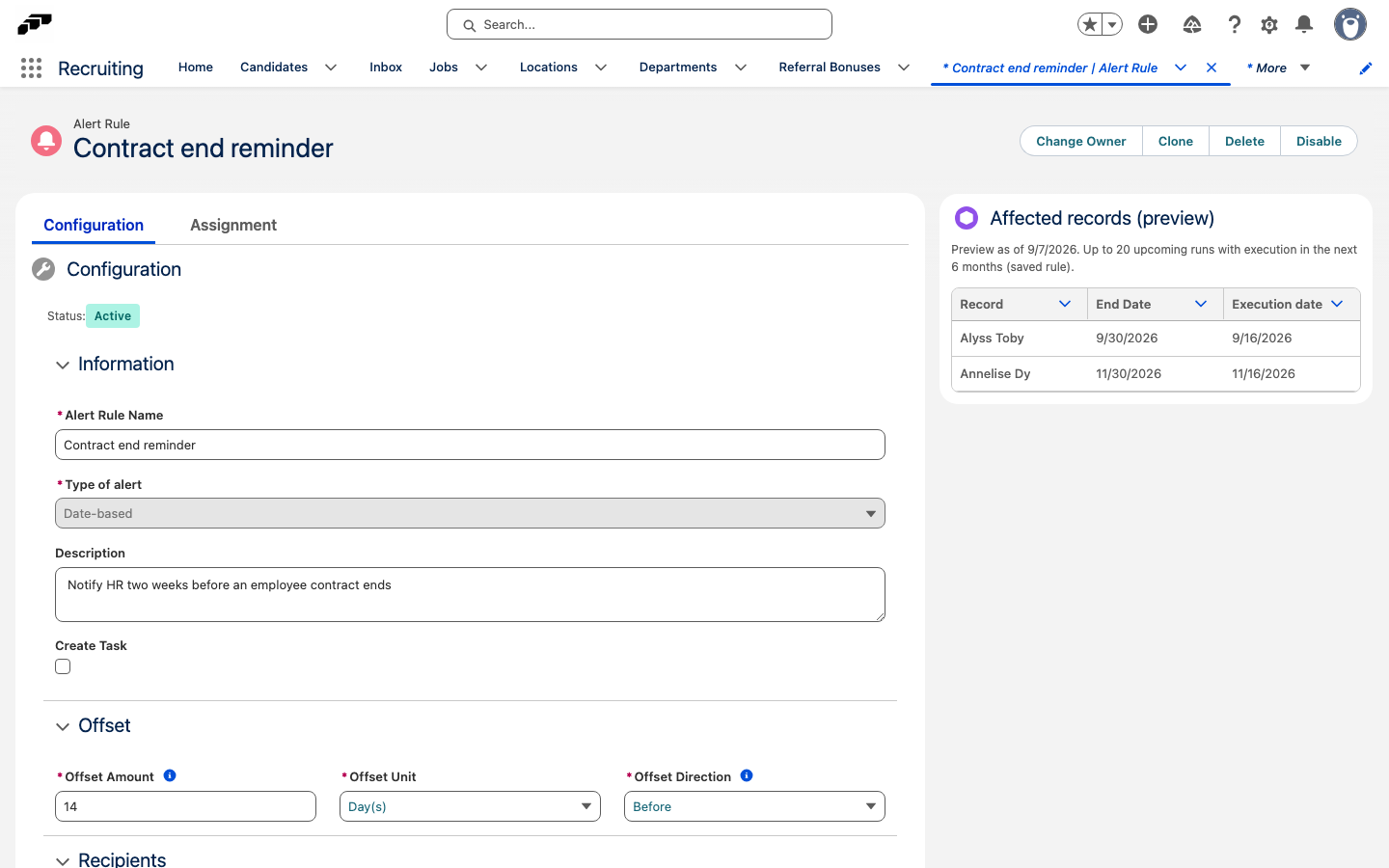 The Affected records (preview) panel on an alert rule, showing the Record, Event date and Execution date columns
