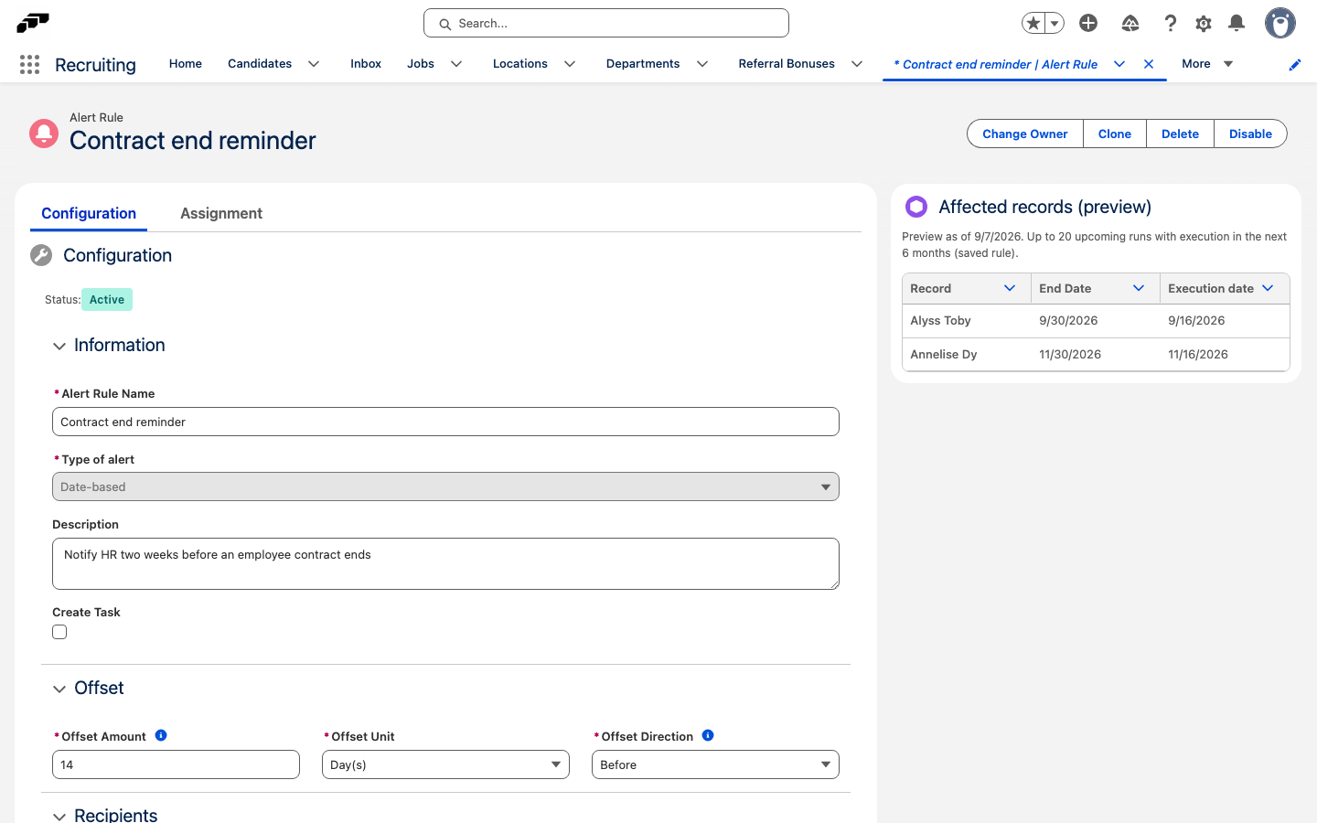 A date-based alert rule showing the Information, Object and Offset sections alongside the Affected records preview panel