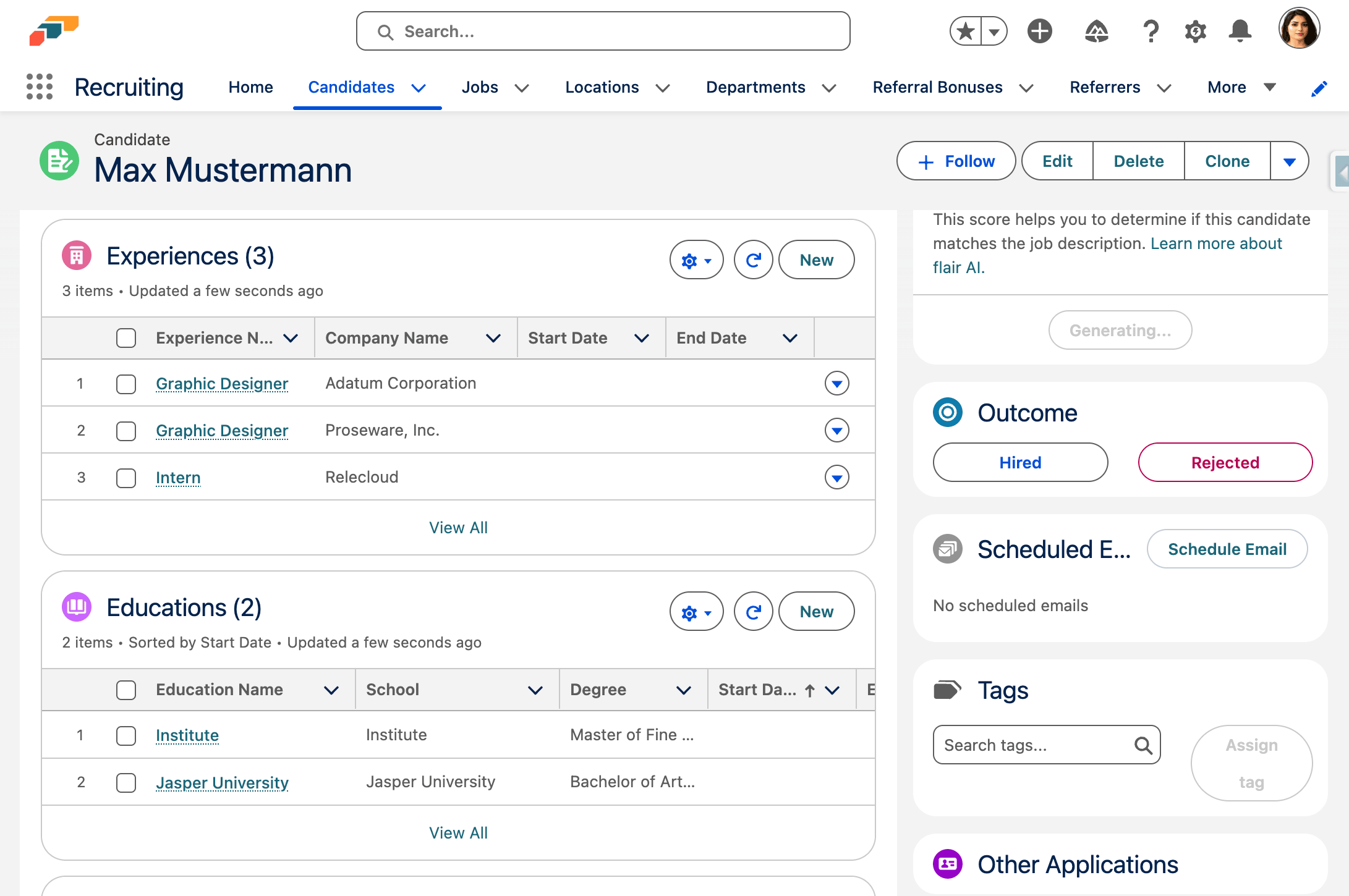 Parsed experiences and other CV data on the Related tab