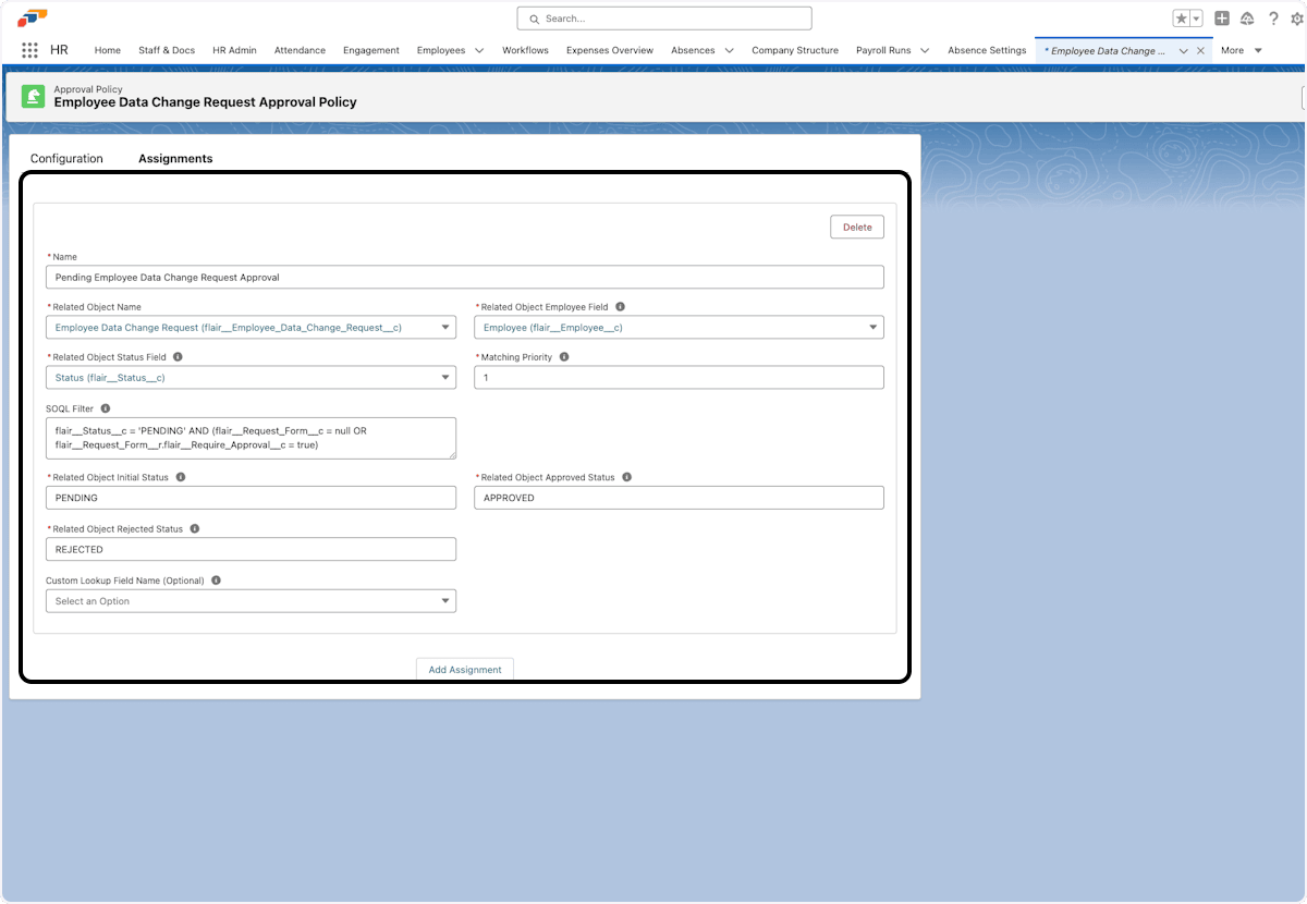 The Assignments tab on an Approval Policy