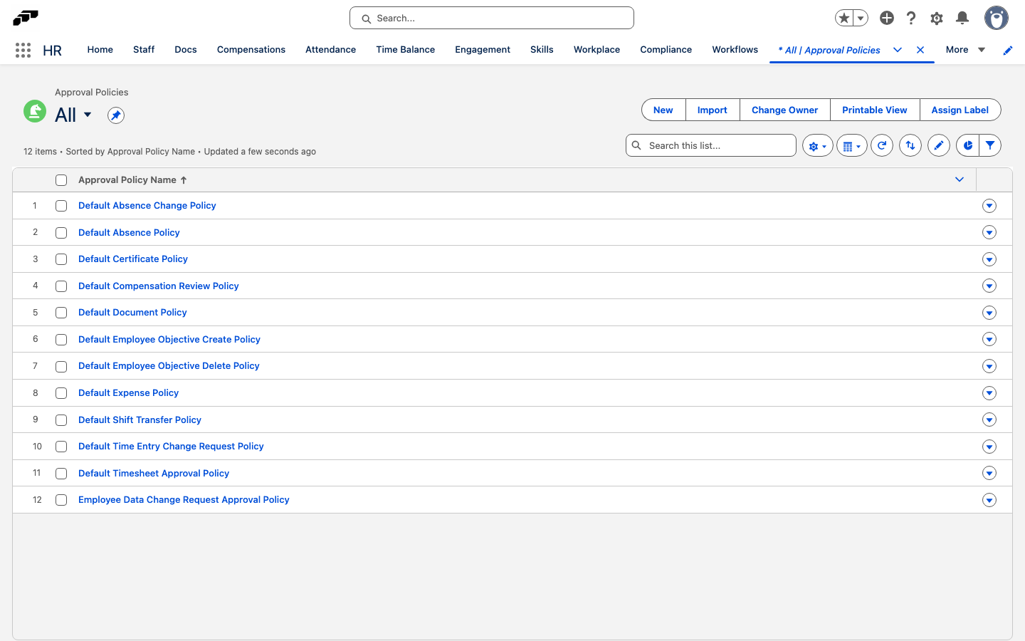 The Approval Policies list view set to All, showing the 12 default approval policies