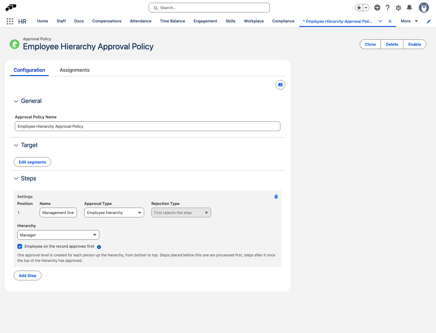 An approval step with the Approval Type Employee hierarchy, the Hierarchy set to Manager, and the Employee on the record approves first checkbox