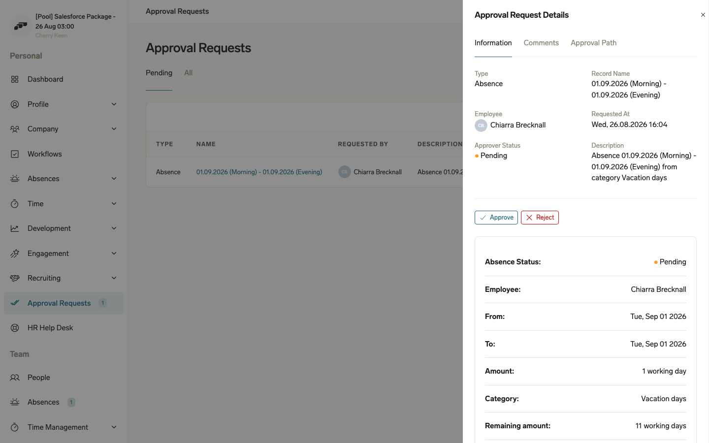 Approval Request Details panel showing the generated Description summary alongside Approve and Reject actions