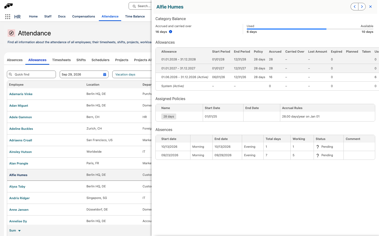 The Allowances tab in Attendance with employee balances and the employee panel