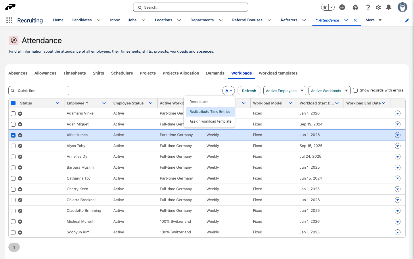 The flash menu on the Attendance Workloads tab with Redistribute Time Entries for a selected employee