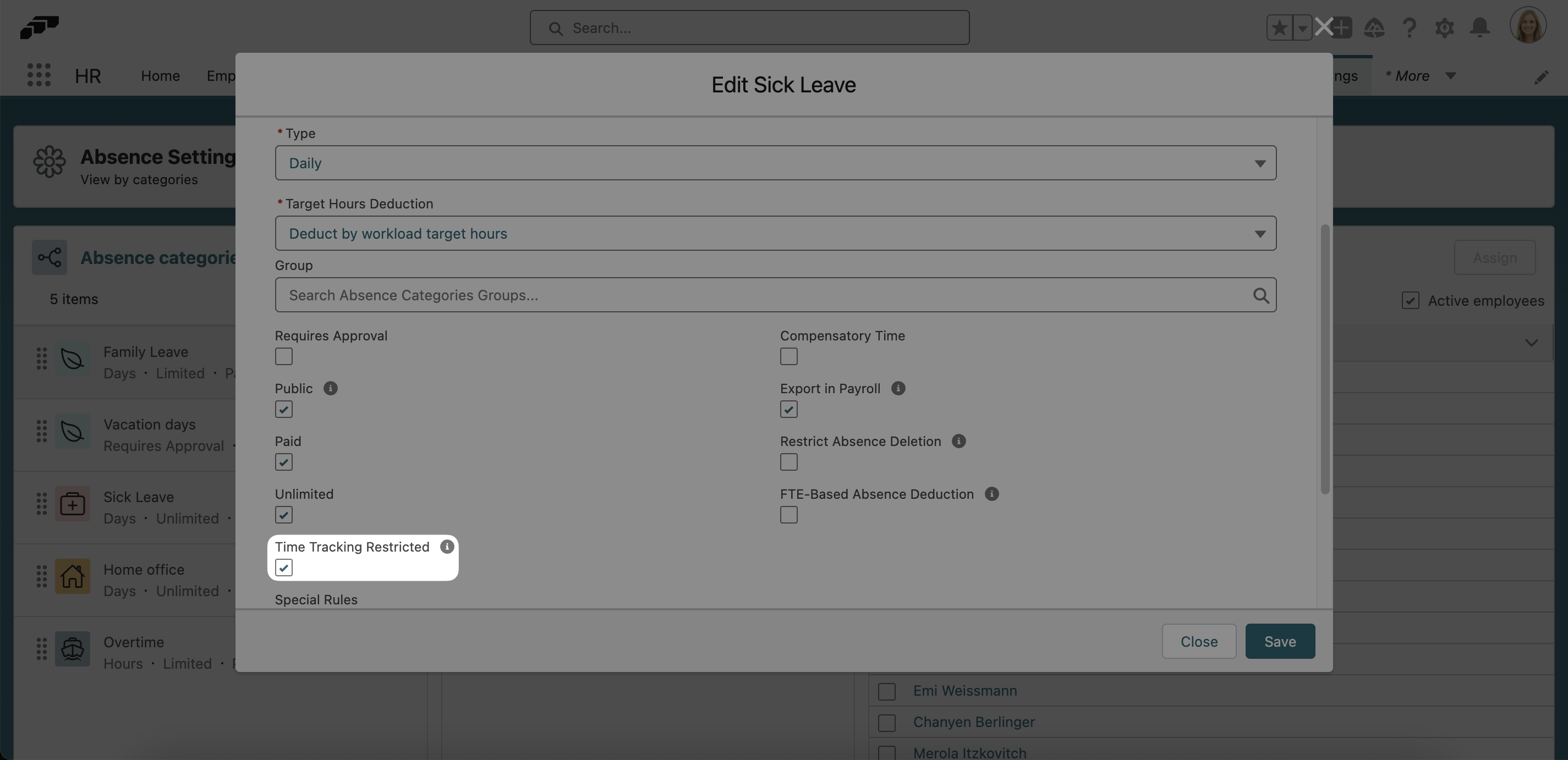Check "Time Tracking Restricted" when creating an absence category to prevent time tracking