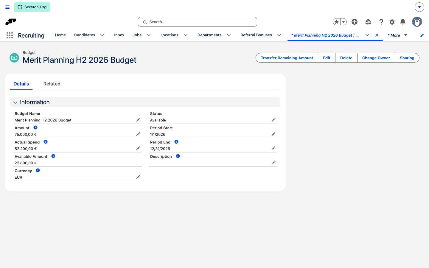 A Budget record showing its Amount, Actual Spend, Available Amount, and Available status