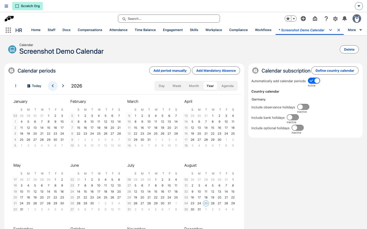 The calendar subscription card on a public holiday Calendar record, showing the Include observance holidays, Include bank holidays, and Include optional holidays toggles