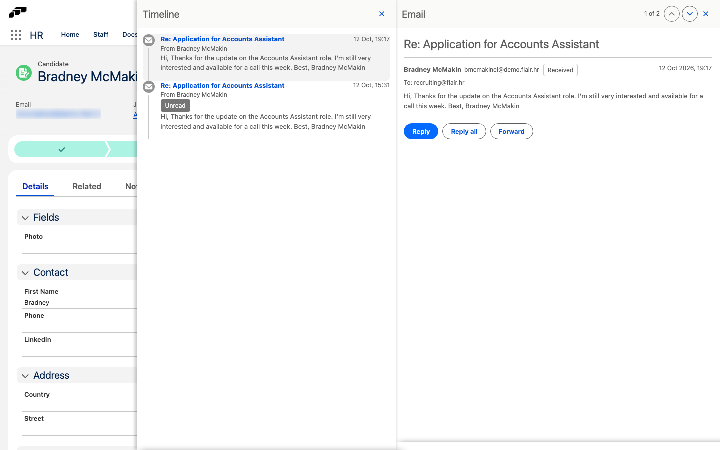 A candidate email opened in the timeline side panel with Reply, Reply all, and Forward and the Timeline list next to it