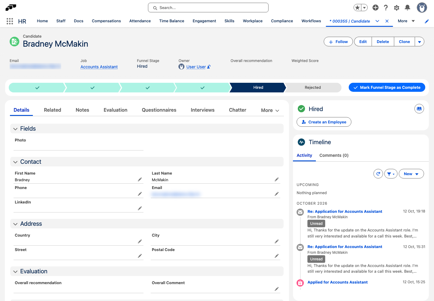 The Timeline card on a candidate record with Upcoming items and past activity grouped by month