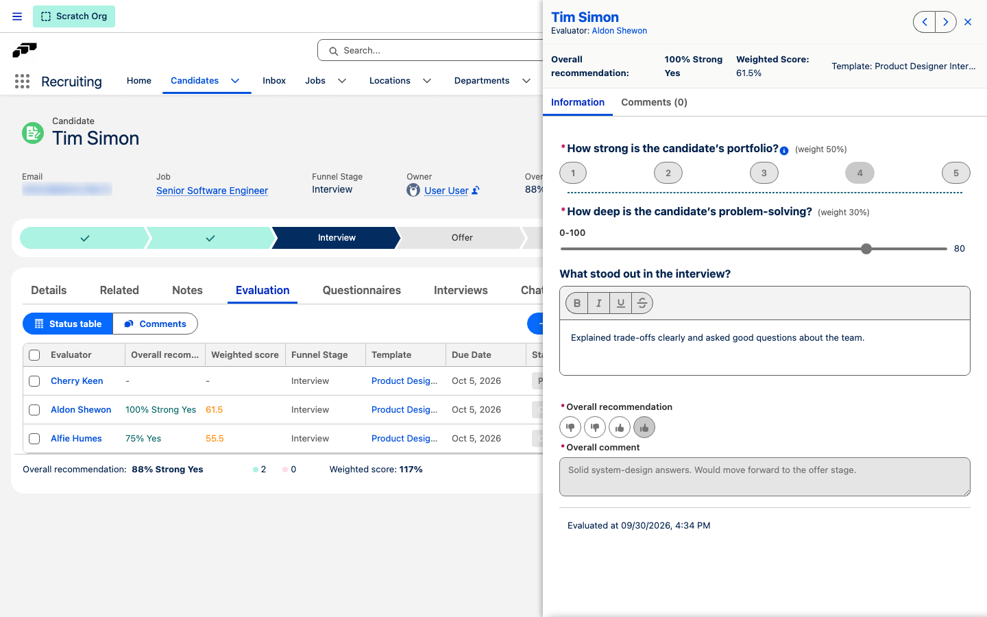 The evaluation details panel of a completed evaluation with Overall recommendation and Overall comment shown read-only